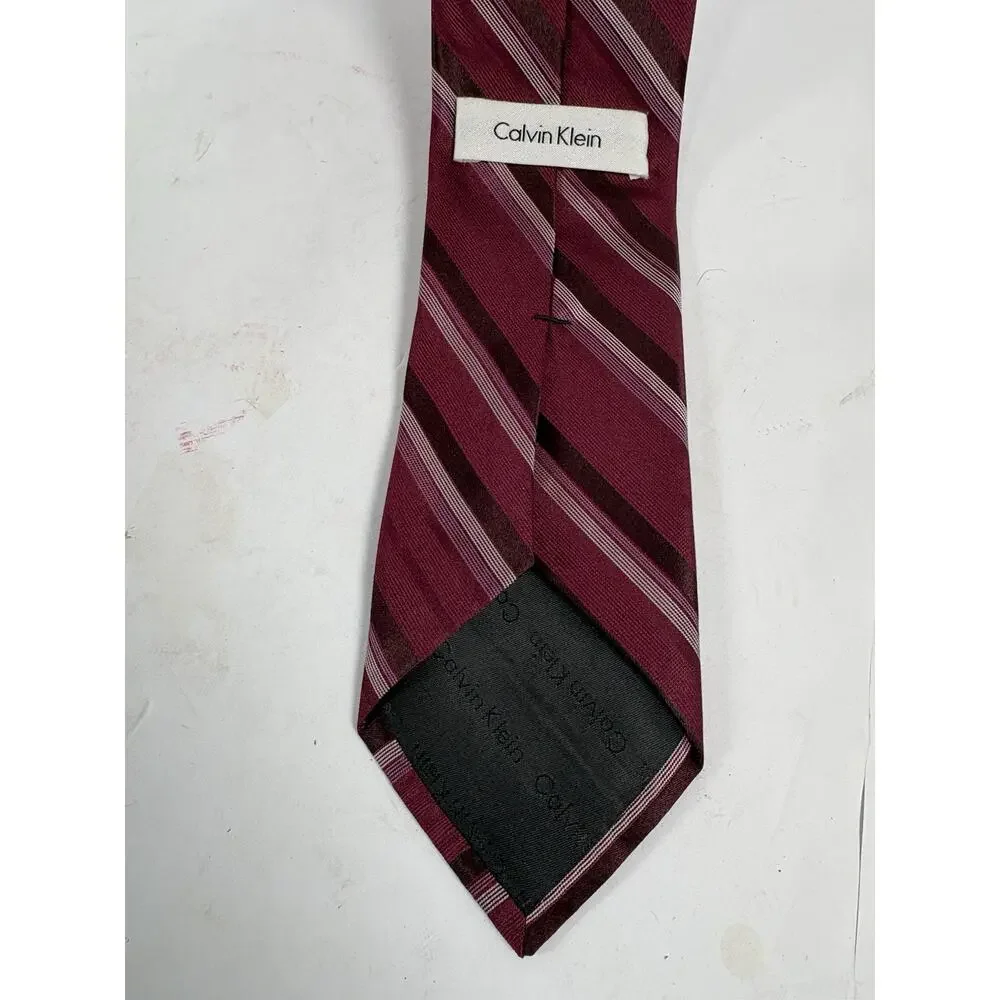 Calvin Klein Mens 100% Silk Tie Burgundy Pink Striped Designer Necktie Classic